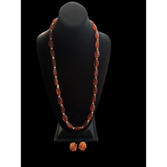 Vintage Amber Glass Beaded Clip On Earrings & Necklace Set Flapper W. Germany - Picture 1 of 8